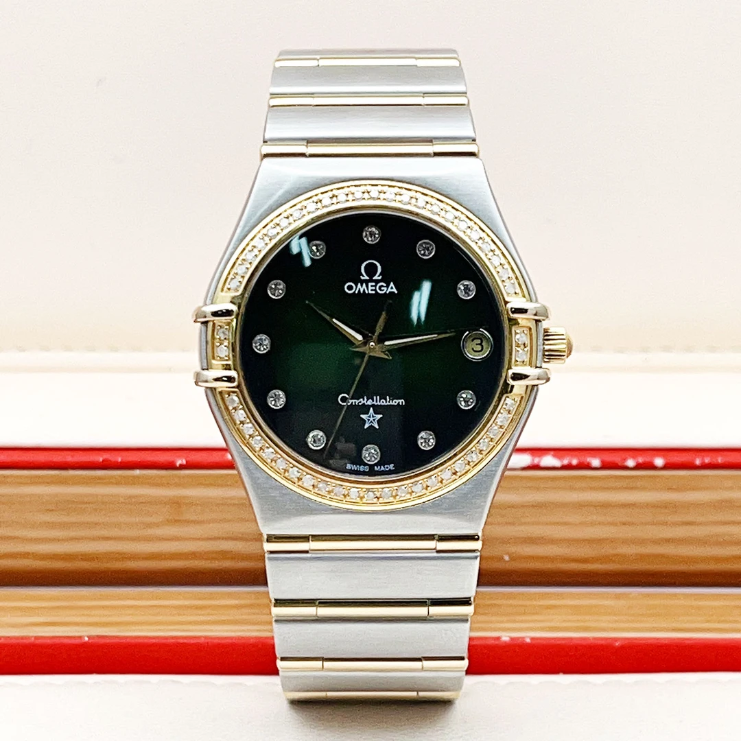 99新 Omega/欧米茄 星座系列间金暗夜绿盘钻刻后钻33盘石英女表