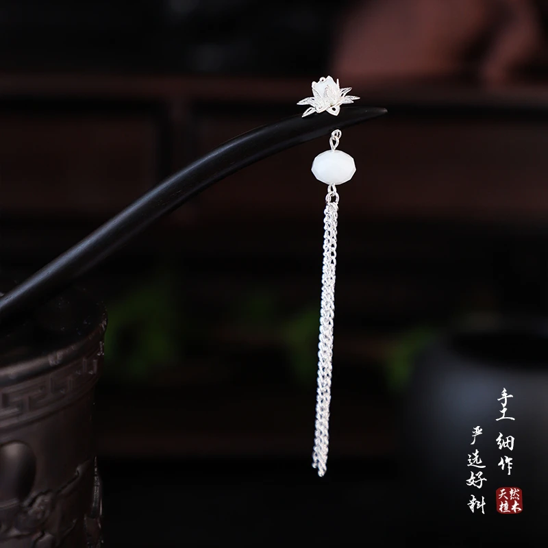特价   古风木质黑檀木发簪新中式简约旗袍马面裙配饰头饰长流苏