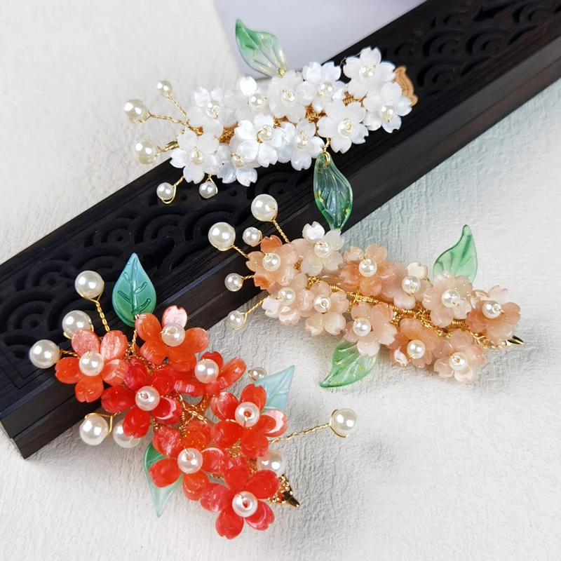 锌合金仿珍珠发饰 古风发夹女可爱花朵中国风琉璃汉服配饰绿叶