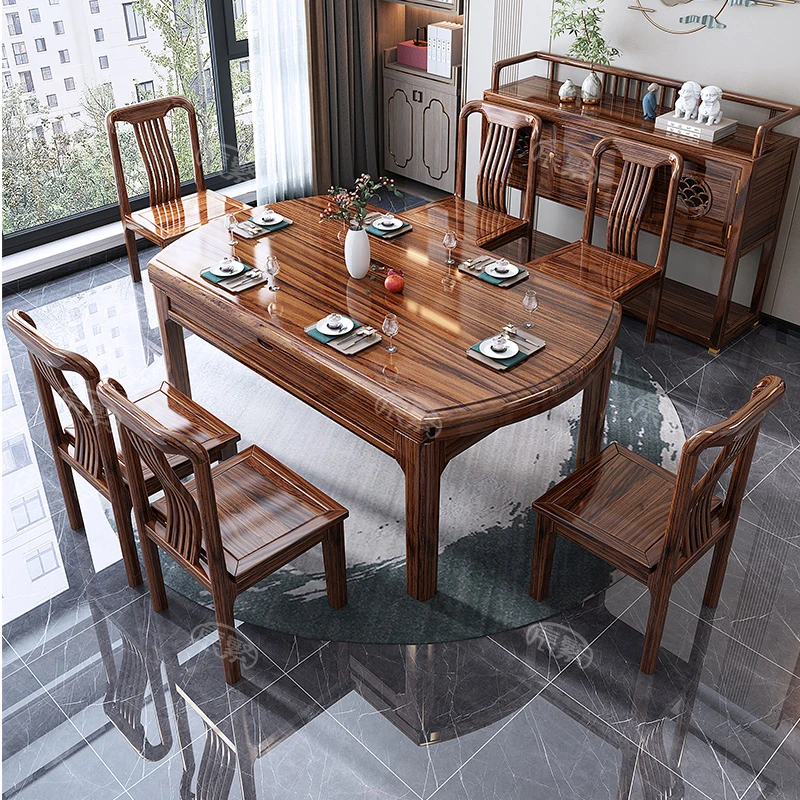 新中式实木餐桌乌金木伸缩折叠餐桌椅组合小户型家用现代实木餐桌