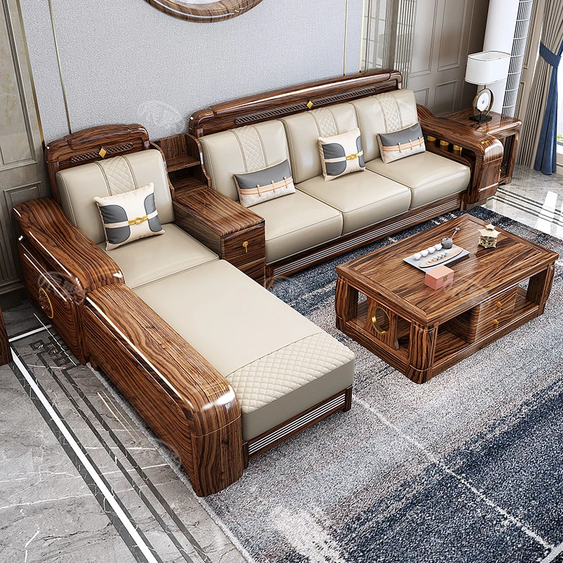 新中式乌金木木质家用大小户型别墅贵妃转角L型储物一体实木沙发