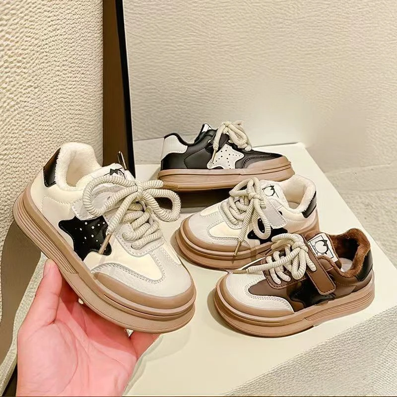 儿童运动鞋2023冬季新款百搭ins加绒厚底小众二棉板鞋男童休闲鞋