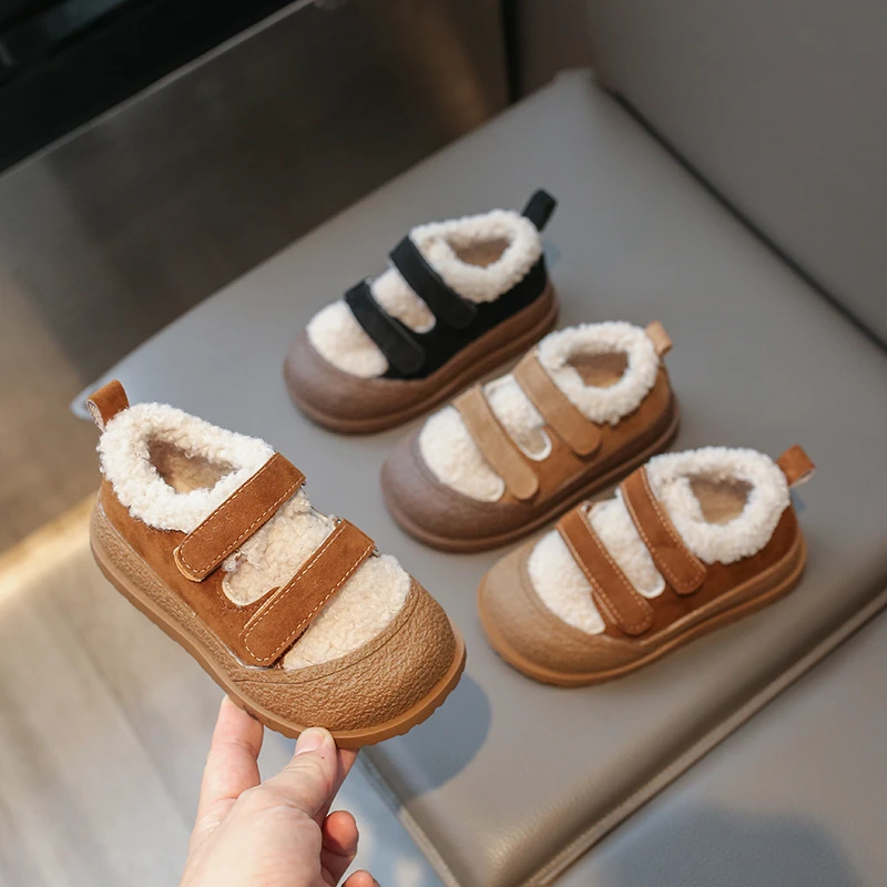 2023冬款儿童棉鞋反绒皮软底豆豆鞋男女童防踢魔术贴羊羔绒保暖鞋