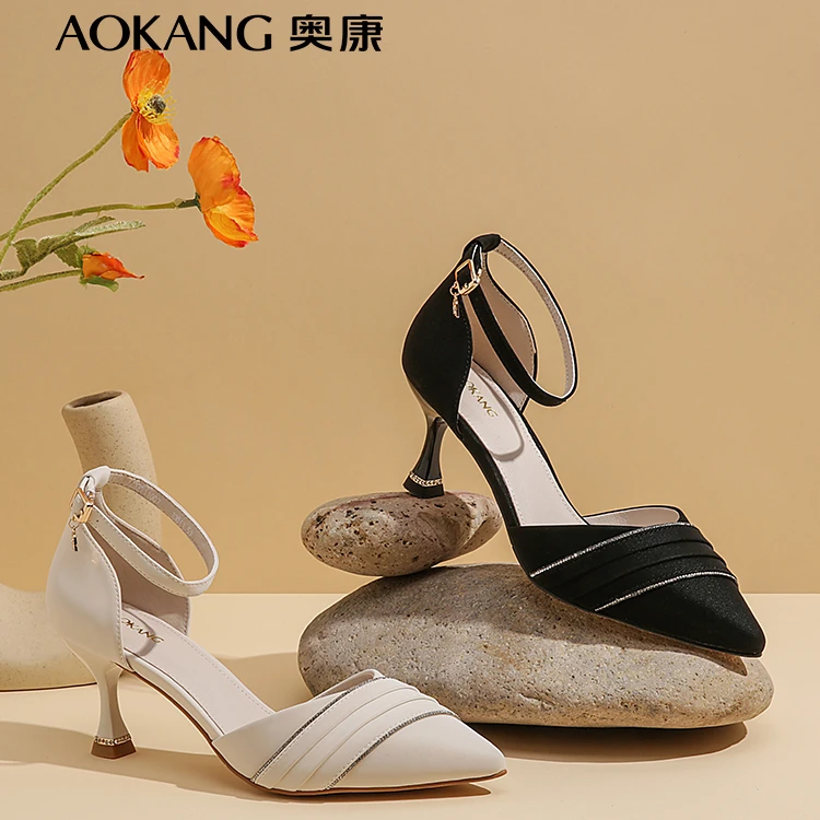 奥康女鞋 透气女士时尚休闲包根凉鞋尖头细跟法式