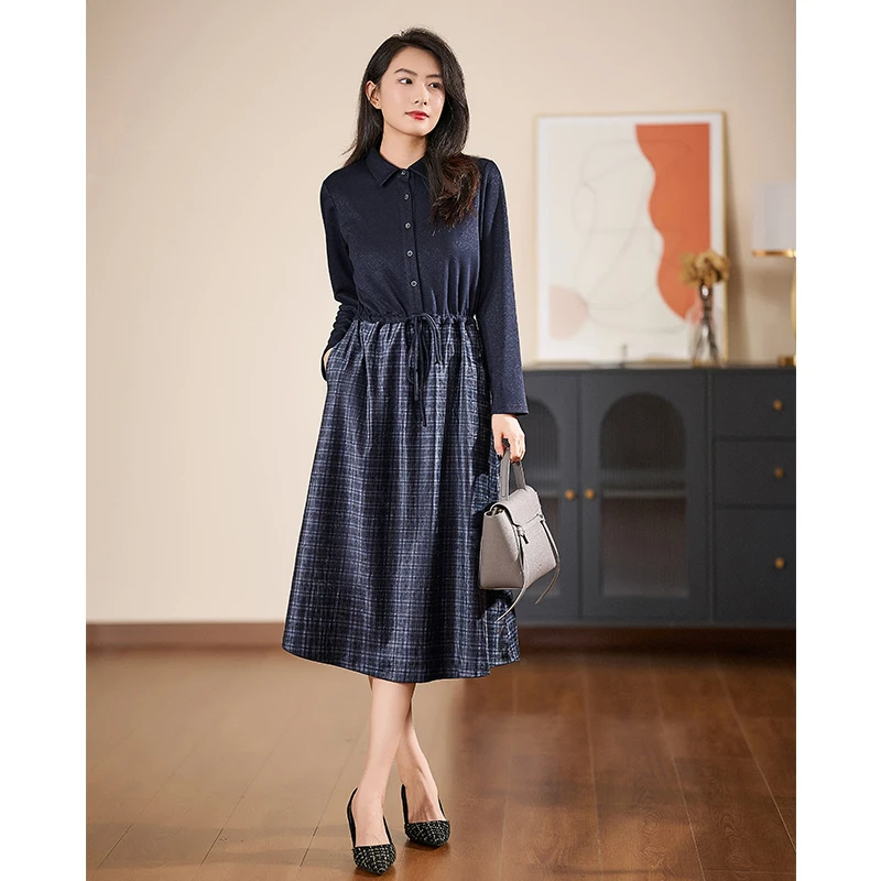 迪欧芙蓝色长袖连衣裙2025新款女秋休闲气质显瘦长裙#QLQ87190