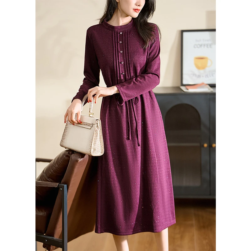 迪欧芙葡萄紫洋气时尚减龄2024年秋冬新款洋气女连衣裙#QLQ17503