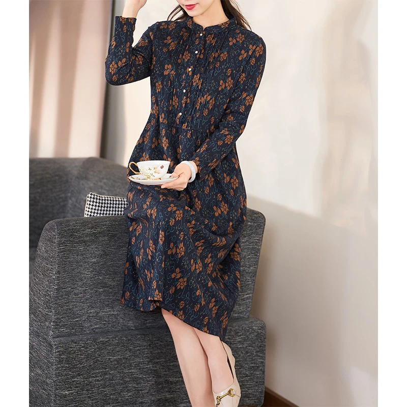 迪欧芙2023年秋冬季新款长袖气质显瘦针织碎花连衣裙女#DLQ15729