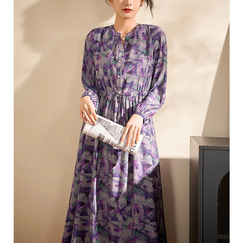 迪欧芙紫色长袖连衣裙2025新款女秋休闲气质宽松长裙#QLQ17238