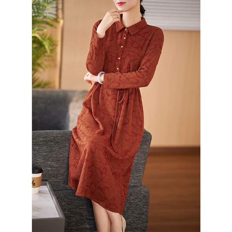 迪欧芙2024年秋季新款长袖红色中长裙显瘦气质连衣裙女#QLQ15408