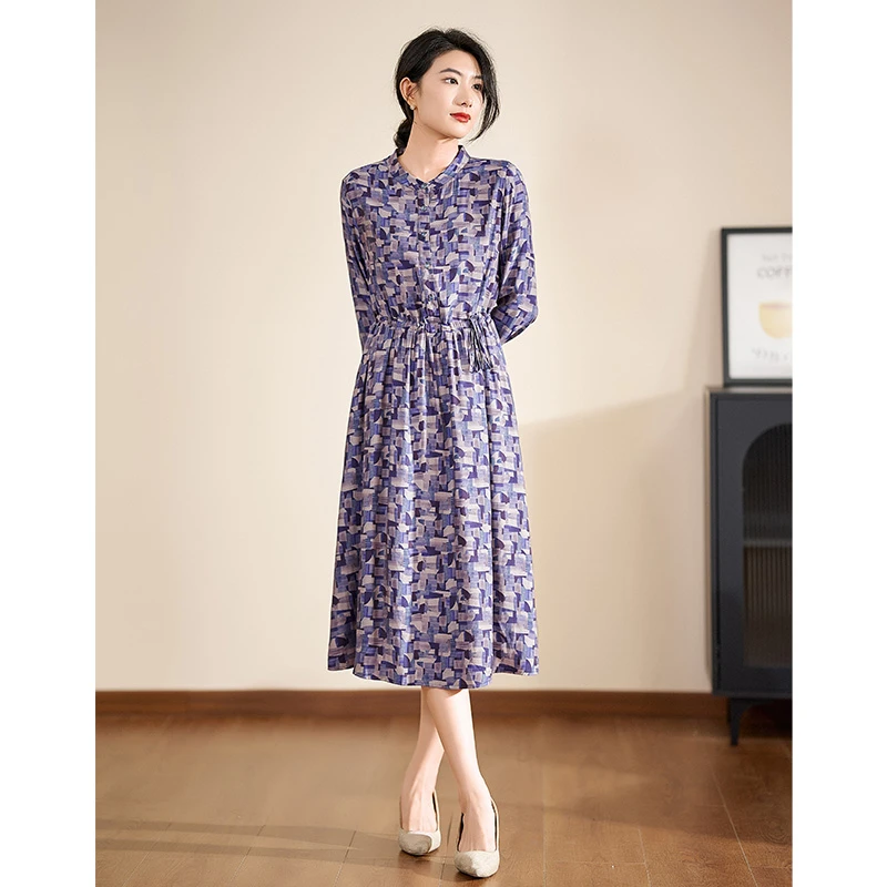 迪欧芙紫色长袖连衣裙2024新款女秋休闲气质显瘦长裙#QLQ17282