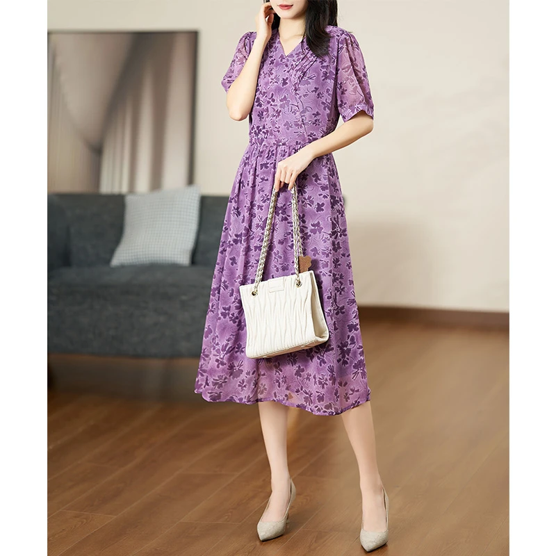 迪欧芙夏季短袖紫色蝴蝶花气质显瘦2025年新款连衣裙女#XLQ16768