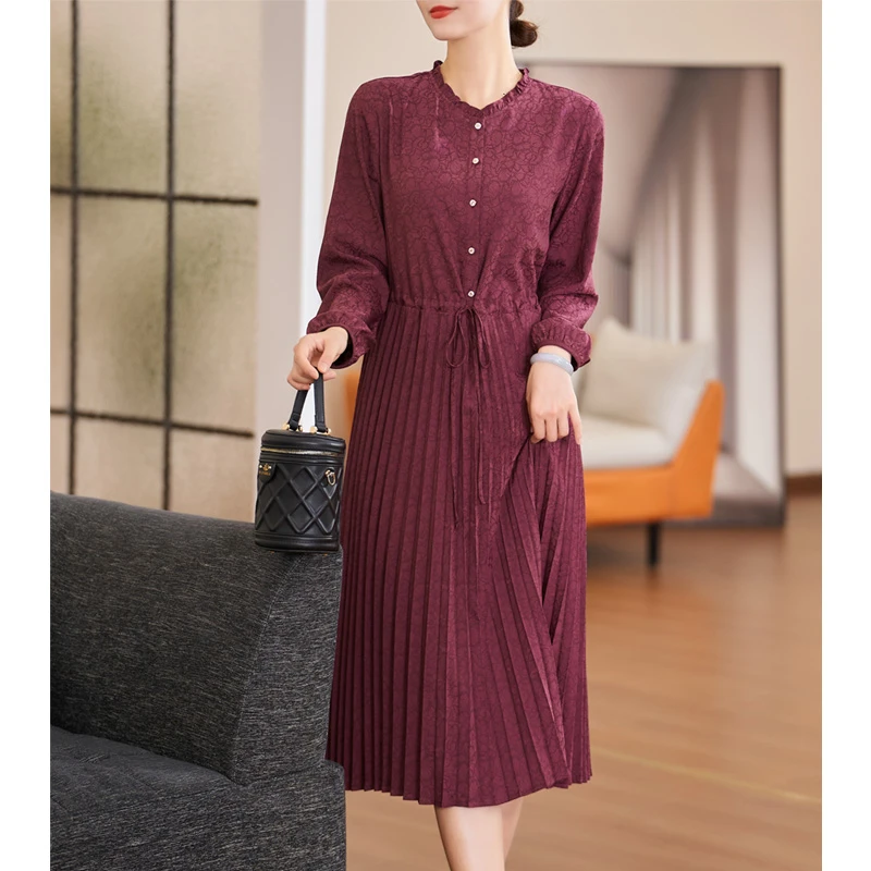 迪欧芙2024年初春新款韩版百褶裙时尚气质长袖连衣裙女#QLQ15272