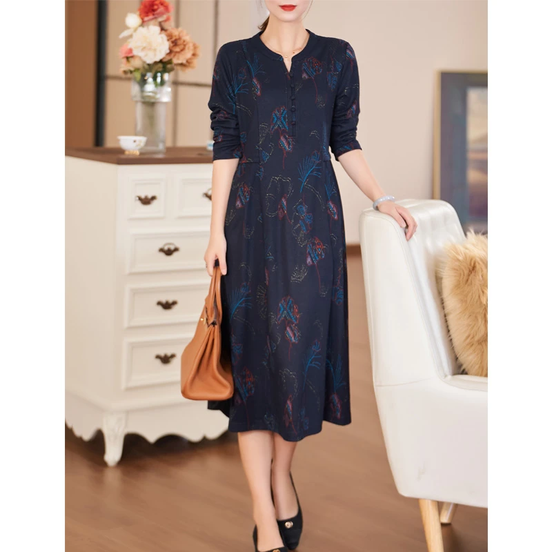 迪欧芙2023年秋季新款花色V领气质提花显瘦长袖连衣裙女#QLQ25137