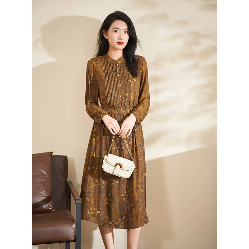 迪欧芙金色长袖连衣裙2024新款女秋休闲气质宽松长裙#QLQ17245