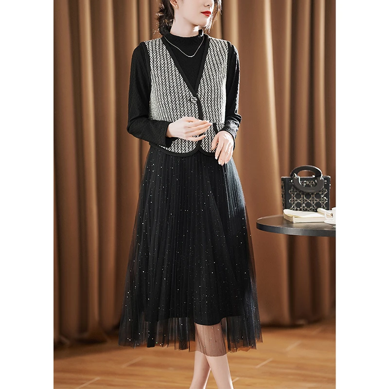 【两件套】迪欧芙黑色套装2025新款女秋休闲气质宽松裙#QTZ87188