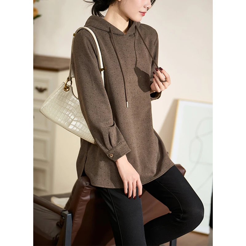 迪欧芙褐色气质上衣2024年秋季新款时尚显瘦长袖上衣女#QSY87475