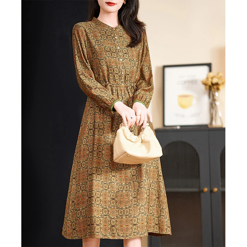 迪欧芙金色长袖连衣裙2024新款女秋休闲气质显瘦长裙#QLQ17281