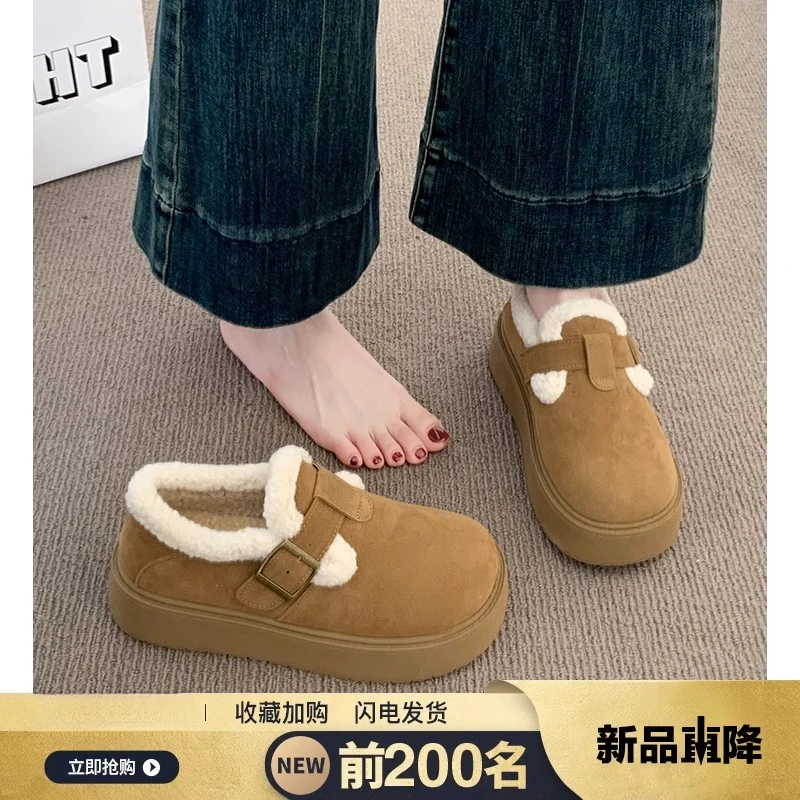 啄木鸟厚底加绒豆豆勃肯鞋女2024新款冬季乐福鞋棉鞋子保暖雪地靴