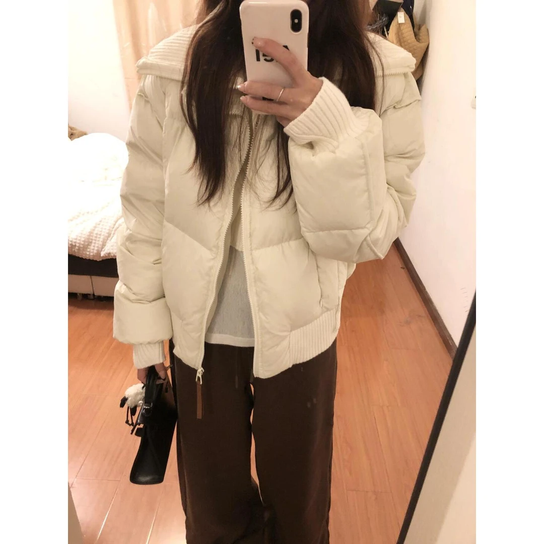 韩系高级感针织拼接翻领棉服女冬季加厚保暖棉衣超好看面包服外套
