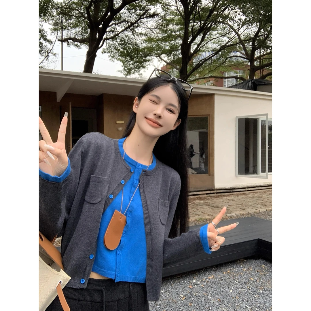 2024秋季薄款高级设计感拼接假两件针织开衫高腰宽松百褶半身裙女