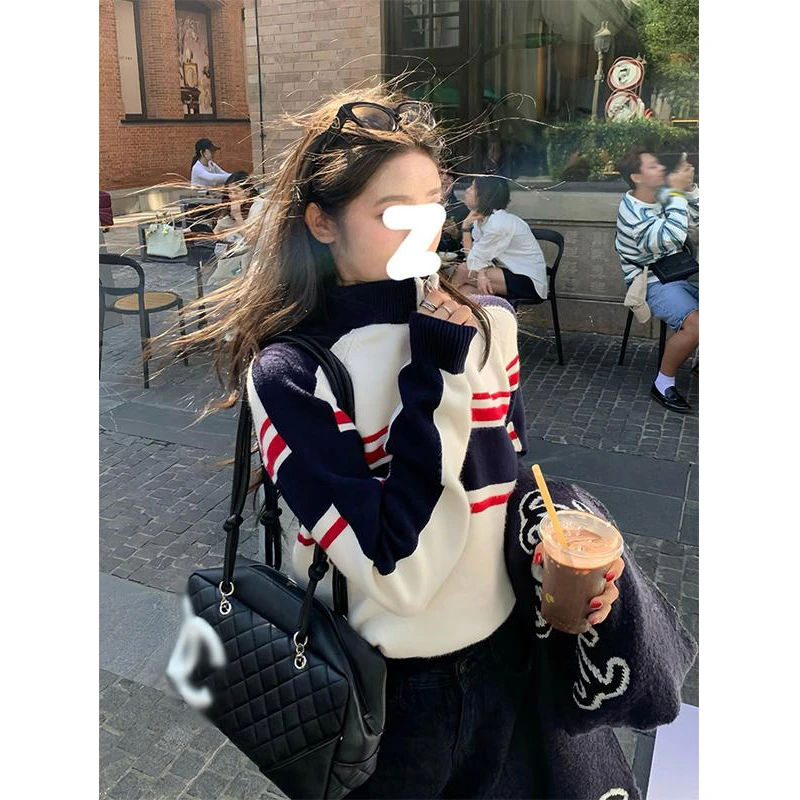 美式复古撞色条纹半拉链针织衫女早秋宽松时尚半开领长袖洋气毛衣