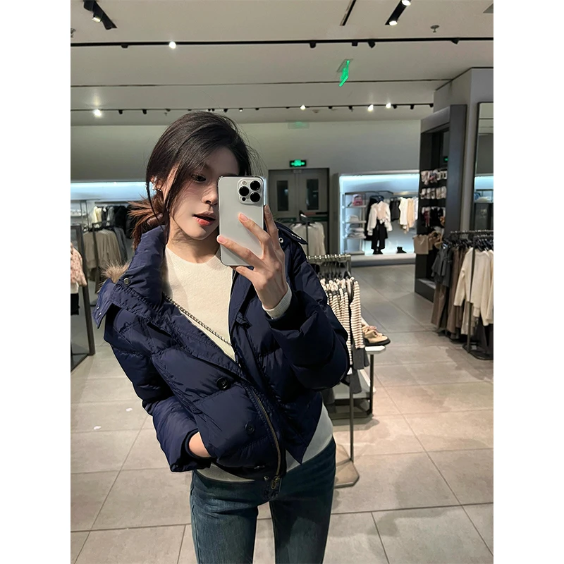 藏青色短款毛领连帽棉服女冬季新款加厚保暖棉衣外套宽松韩版上衣