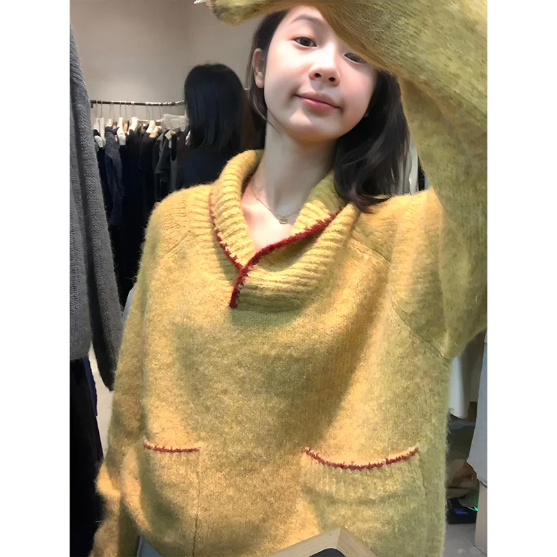 MARIE.COCO2024年秋冬上新韩版ins潮时尚撞色翻领简约大口袋毛衣