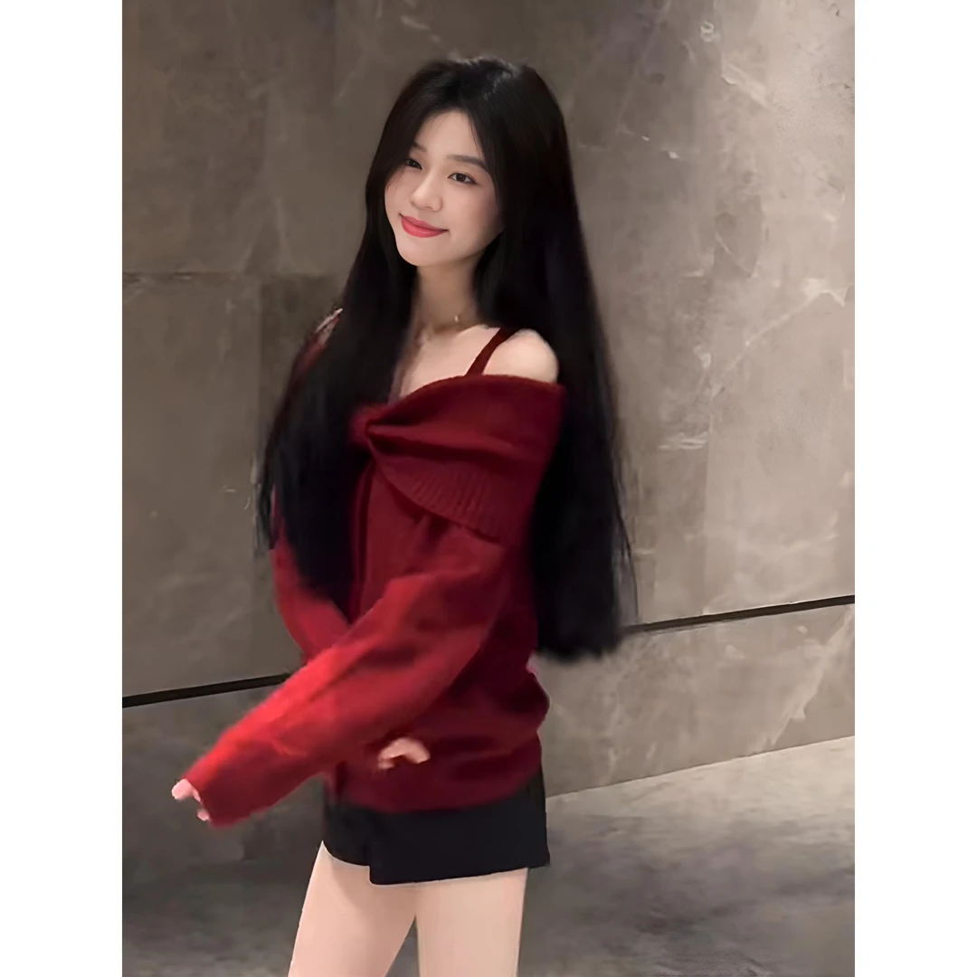 新年红色一字肩蝴蝶结毛衣女秋冬季设计感软糯针织衫甜美露肩上衣