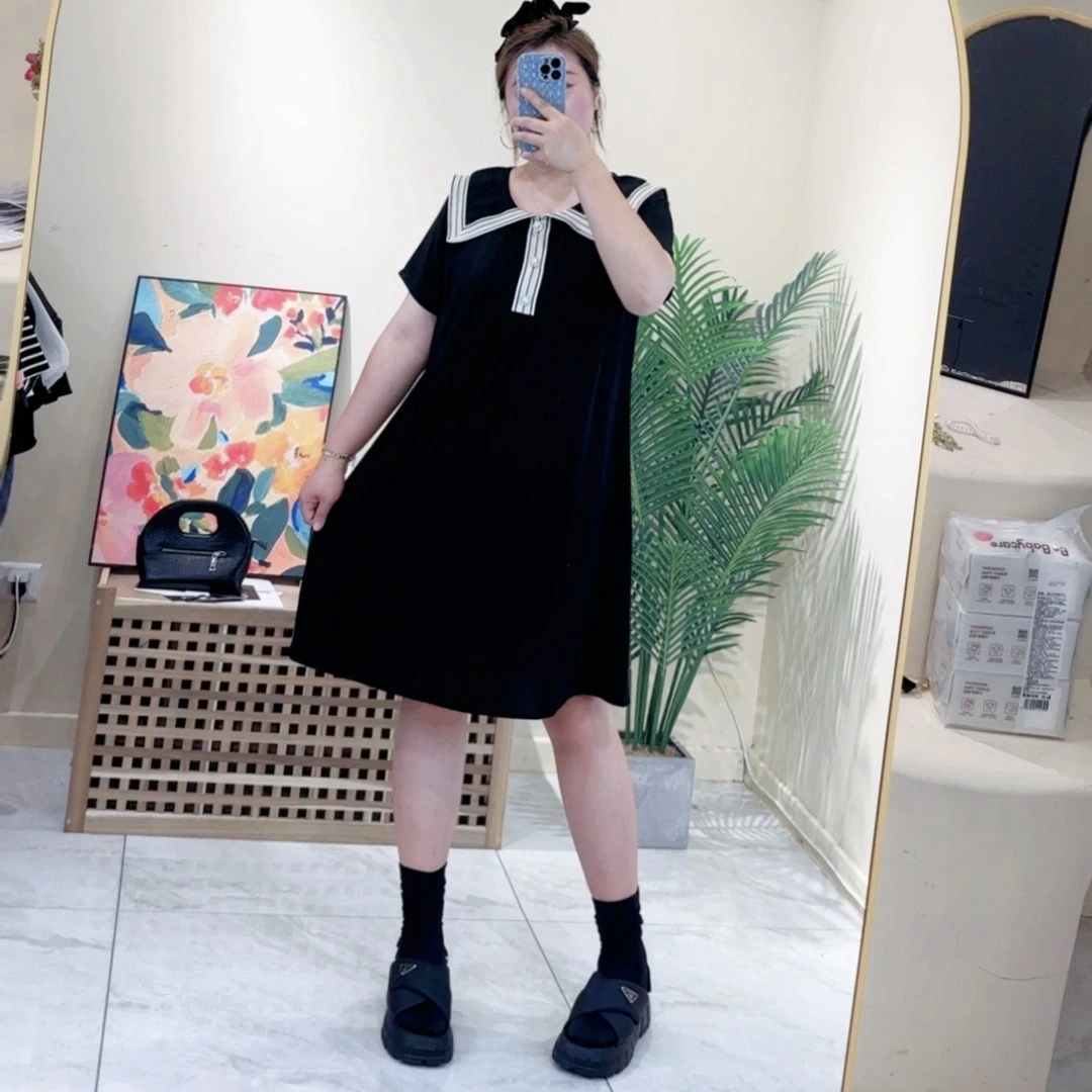 海军领宽松连衣裙女 大码春夏超显瘦中长款休闲气质减龄学院风女