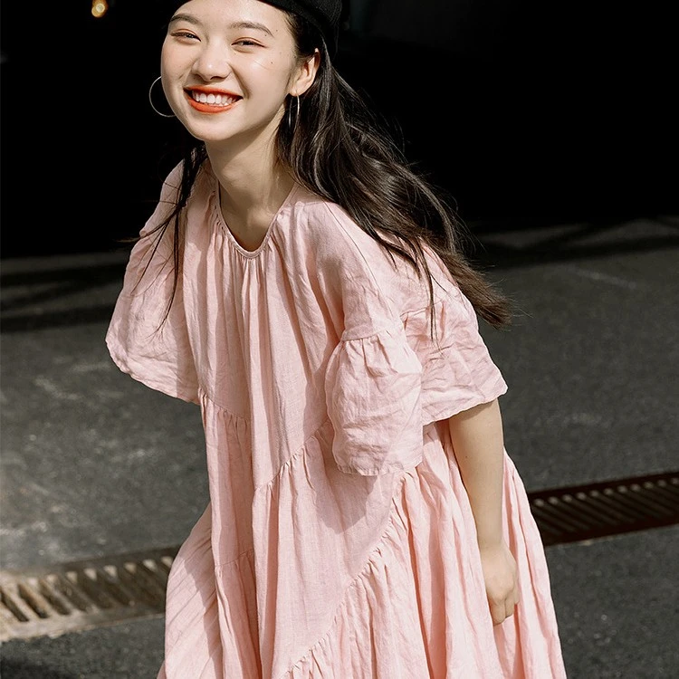 超舒服亚麻显白百搭唯美连衣裙文艺大摆飞袖蛋糕裙法式女夏装