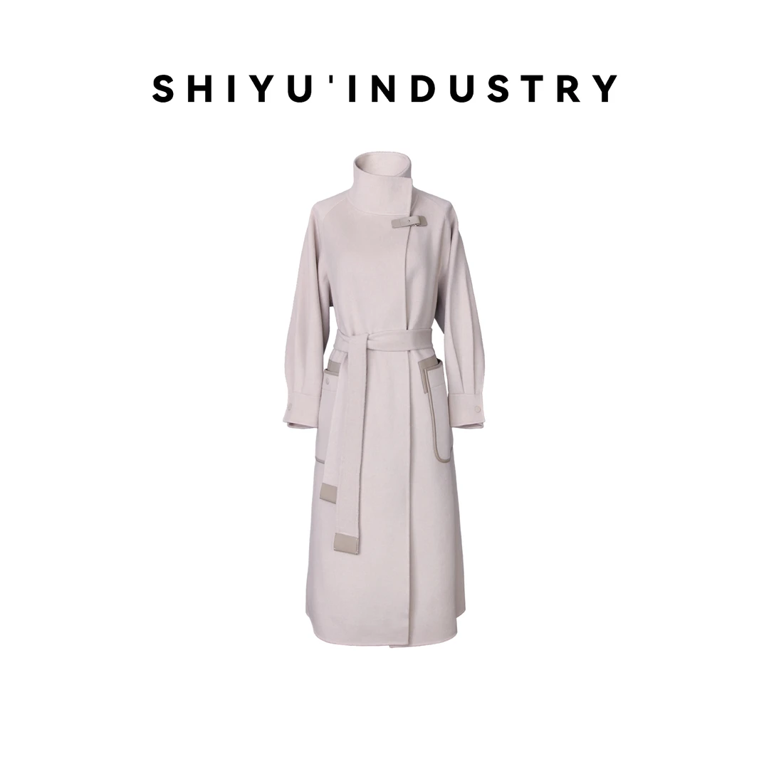 莳屿实业 重磅兔毛绵羊毛拼羊皮气质立领轻奢秋冬长款双面呢大衣