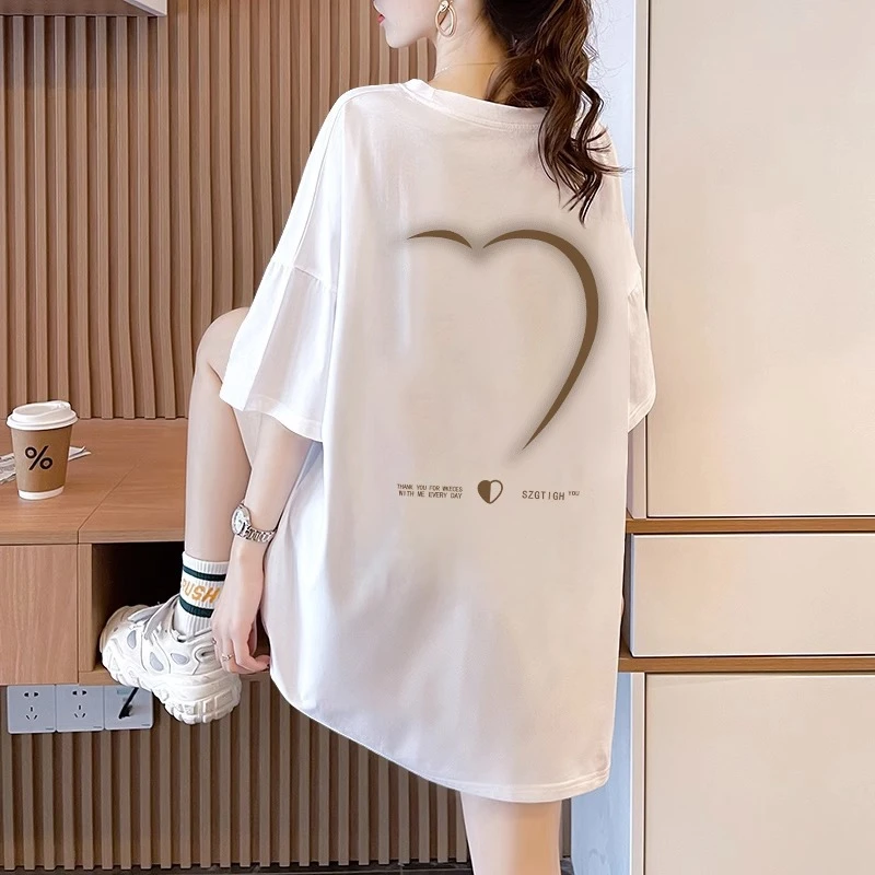 大码女装纯棉重磅中长款短袖t恤女2025新款爆款韩版休闲宽松上衣