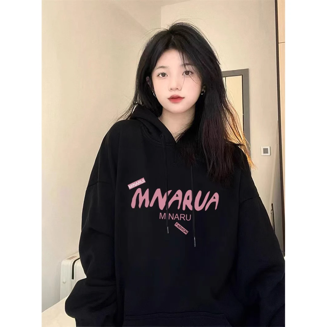 欧货黑色美式复古卫衣女士纯棉秋冬加绒加厚宽松oversize连帽外套