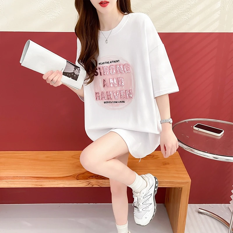 短袖t恤女百搭新款爆款宽松中长款上衣重磅纯棉体恤夏季大码女装