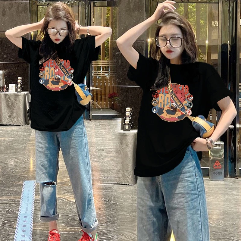 纯棉短袖t恤女百搭新款爆款宽松大码遮屁股中长款印花ins潮上衣服