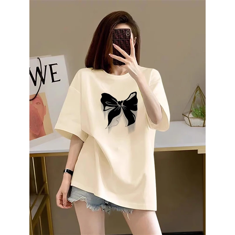 杏色蝴蝶结短袖t恤女2024新款爆款夏季ins潮牌质感大版中长款上衣