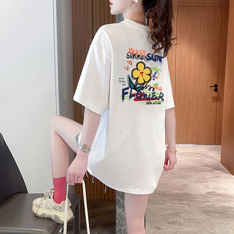 欧货时尚纯棉印花短袖t恤女2024新款爆款宽松遮臀夏季女装上衣服