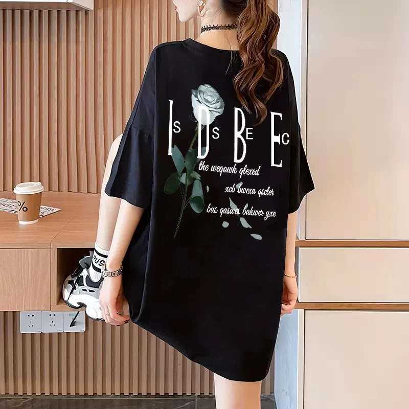 黑色圆领短袖t恤女2023新款宽松大码夏季美式复古中长款纯棉上衣