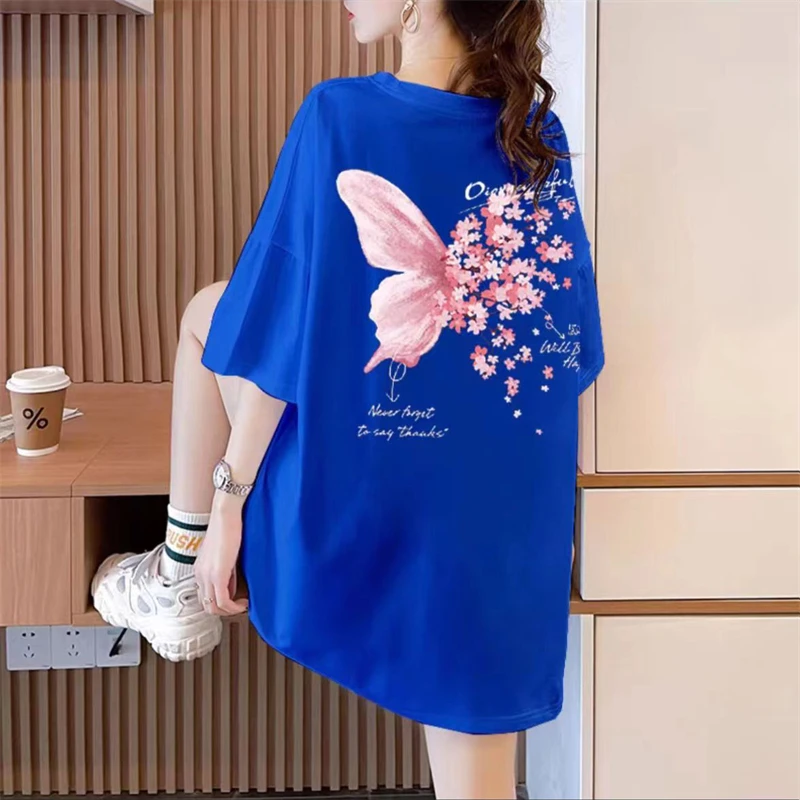 大码女装克莱因蓝短袖t恤女夏季2023新款宽松洋气纯棉国潮上衣服