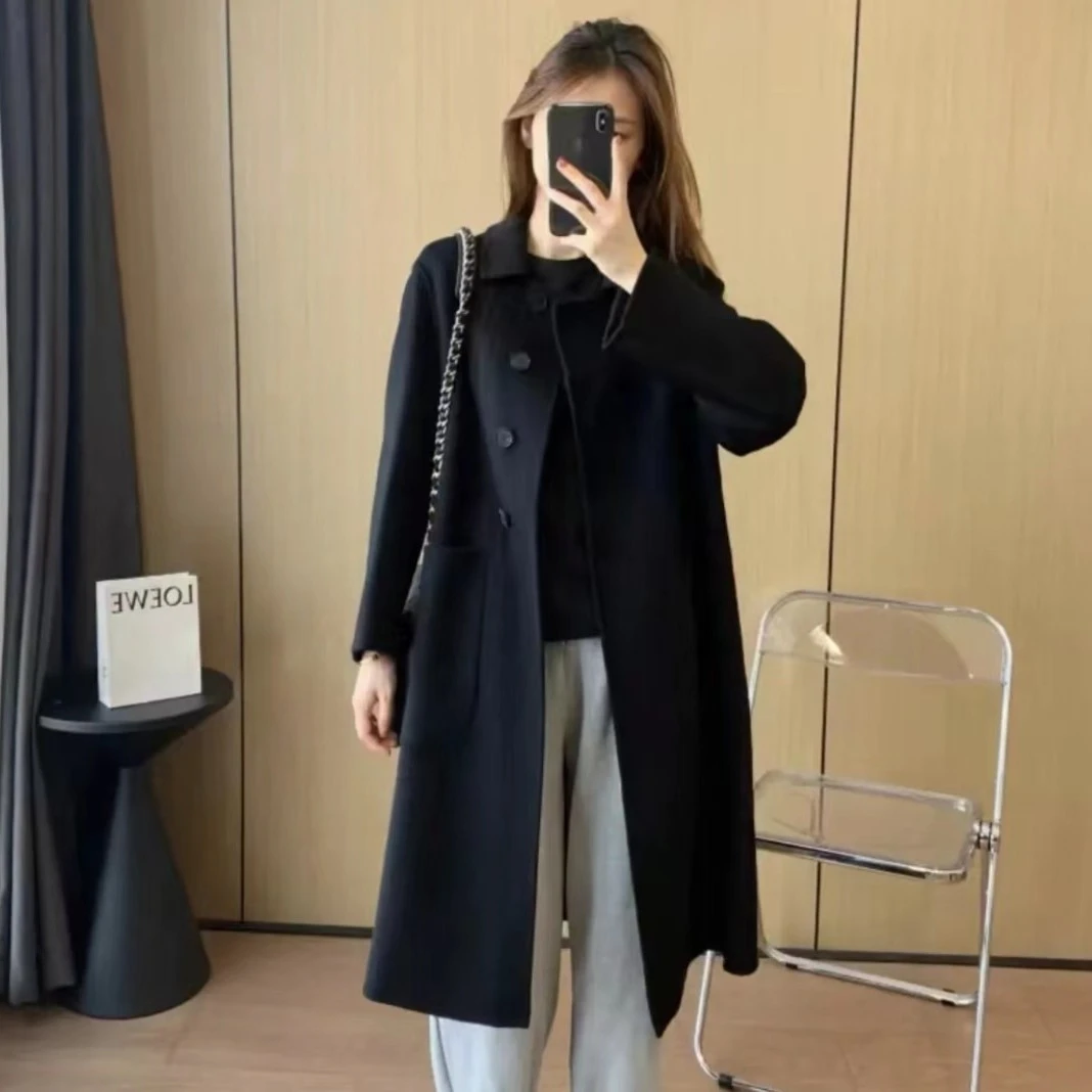 2025新款时尚高级感通勤网红长款娃娃领单排扣双面羊毛呢大衣外套