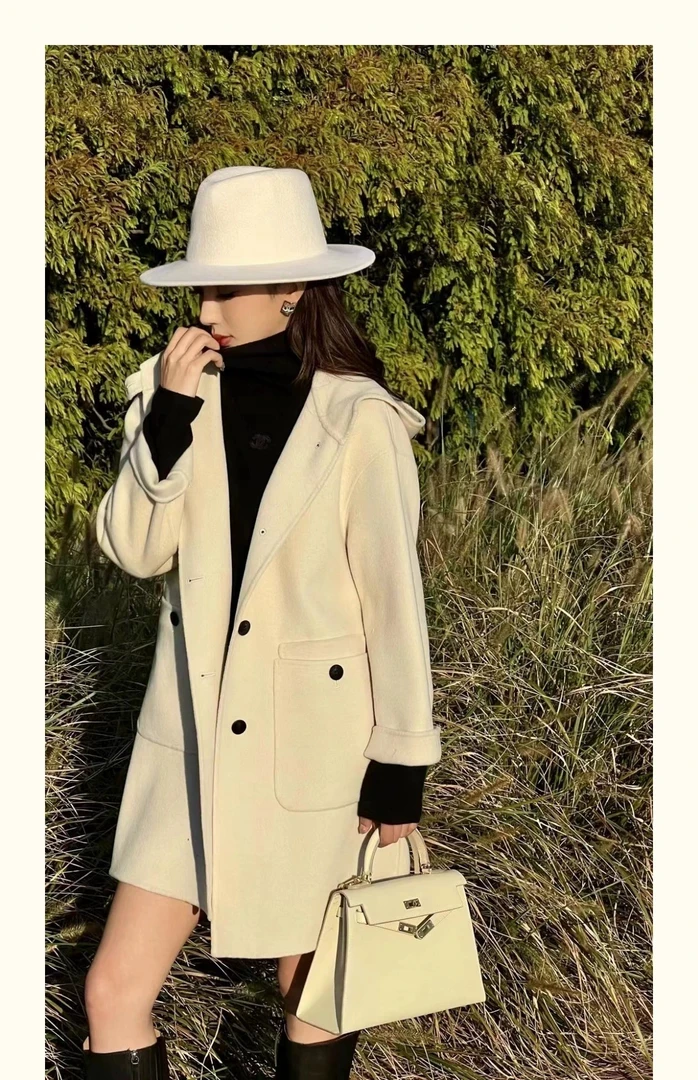 2025秋冬新款高端连帽休闲韩系宽松中长款单排扣双面羊毛大衣外套