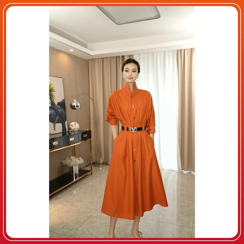 秋季新款法式浪漫高级气质感高腰时尚设计感风衣式过膝收腰连衣裙