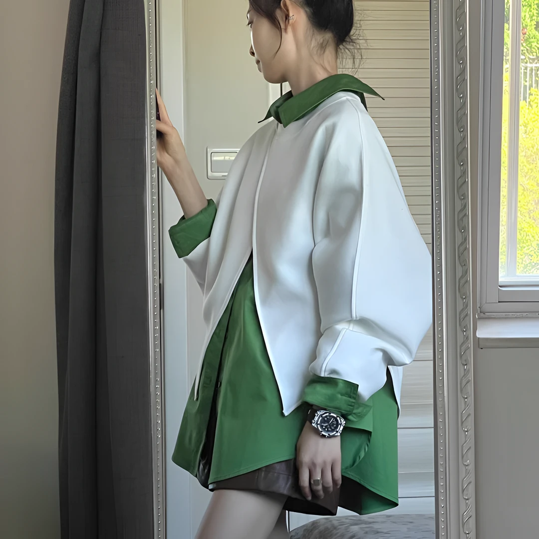 慵懒风衬衫穿搭两件套女2025春秋新款宽松设计上衣感叠穿卫衣披肩