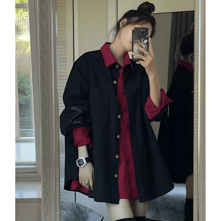 宽松穿搭新款长袖两件套女小众设计感黑色外套+酒红色衬衫中长款