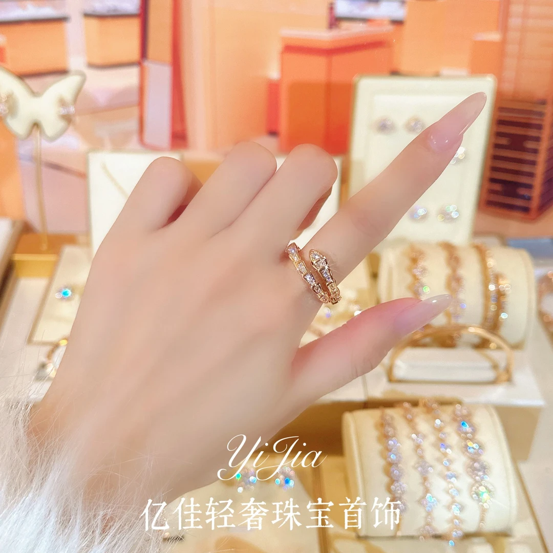 语花印 铜合金合成锆石戒指 时尚高定系列蛇头戒指FS116香槟色