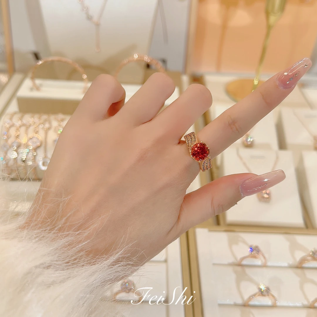 语花印 铜合金合成锆石戒指 玫瑰情缘FS622(3克拉)可调节戒指红色