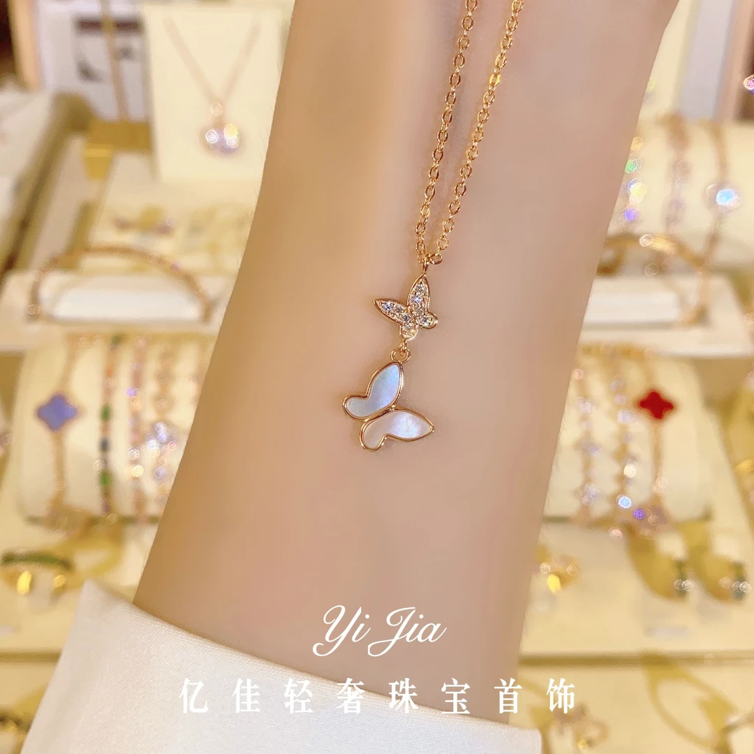 语花印 铜合金合成锆石项链 时尚高定系列双蝴蝶项链FS1031简约
