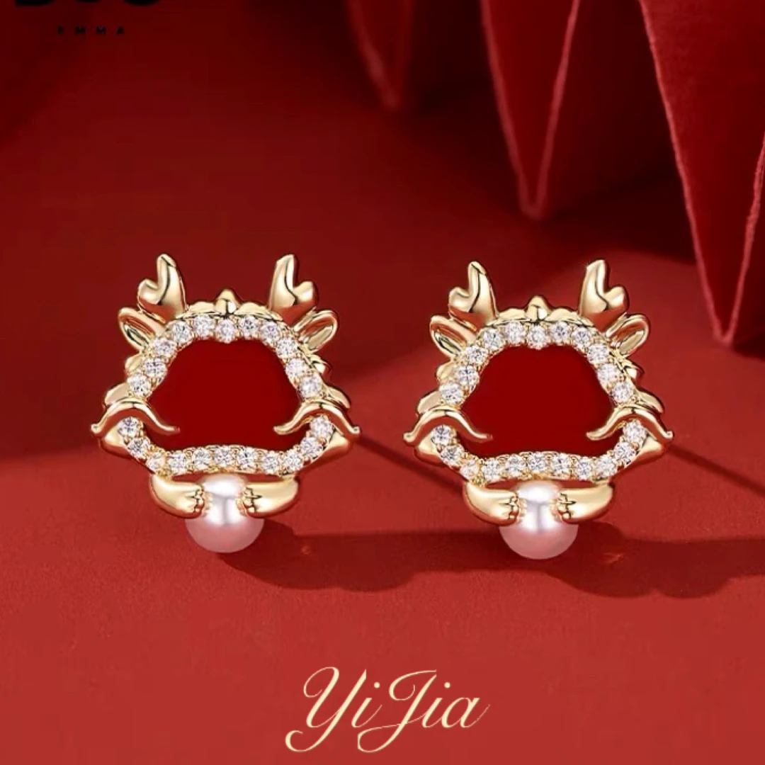 铜合金合成锆石耳饰 瑞龙抱珠耳环FS912红色小众轻奢气质