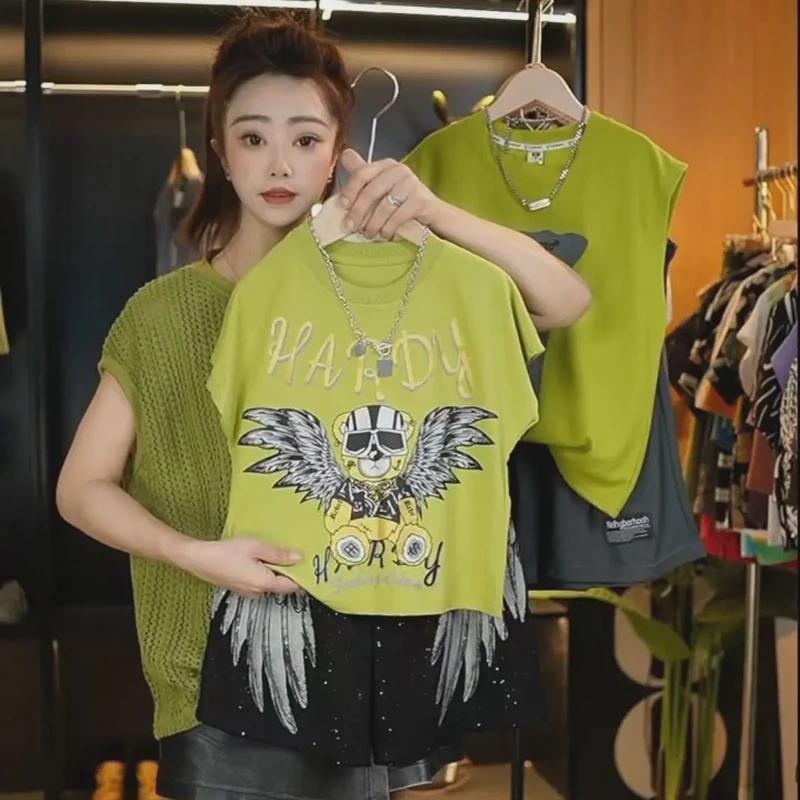 【冰丝凉感】2024年夏季新品镶钻印花亲子装男女童时尚复古宽松