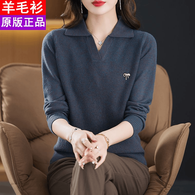 POLO领羊毛衫女秋冬季套头针织百搭毛衣中年妈妈装宽松色打底衫